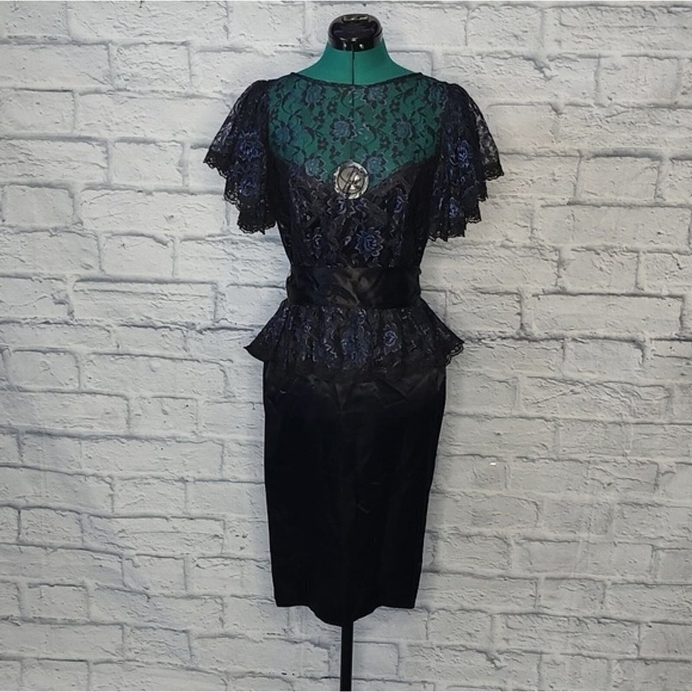 Vintage 1970's Gunner Sax navy blue lace peplum pencil dress Sz 9